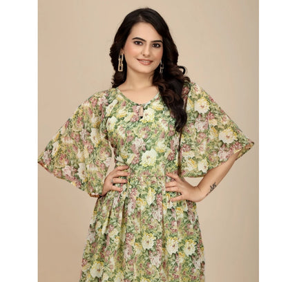Women's Georgette Printed Round Neck Short Sleeve Dress (Green)