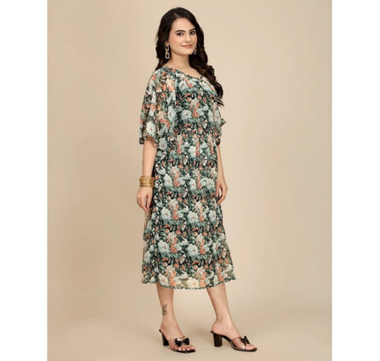 Women's Georgette Printed Round Neck Short Sleeve Dress (Black)