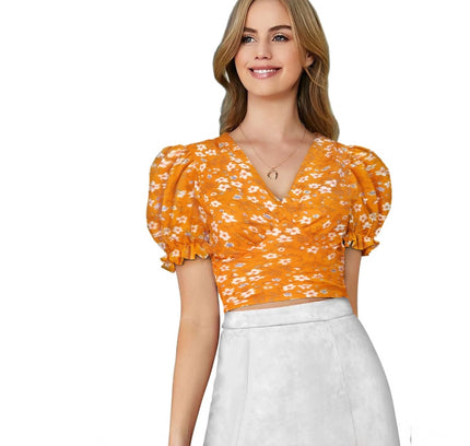 Women's Knitting Printed V-Neck Puff Sleeve Tops (Yellow)