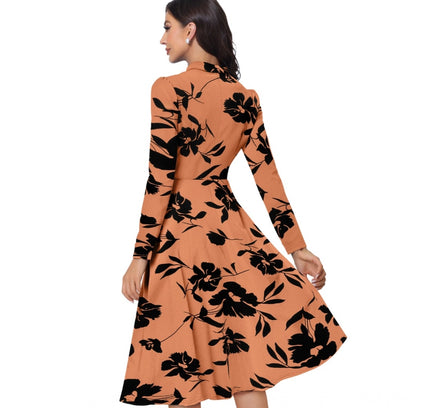 Women's Knitting Printed V-Neck Full Sleeve Dress (Orange)