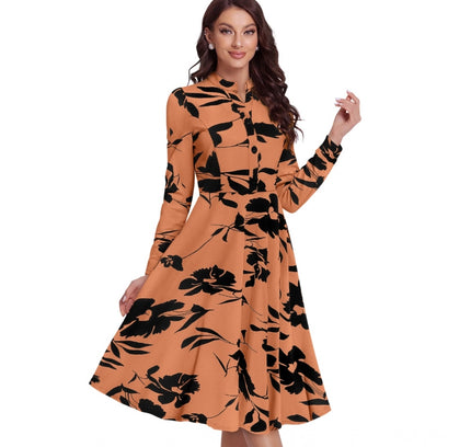 Women's Knitting Printed V-Neck Full Sleeve Dress (Orange)