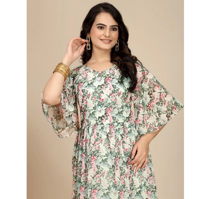 Women's Georgette Printed Round Neck Short Sleeve Dress (Pink)