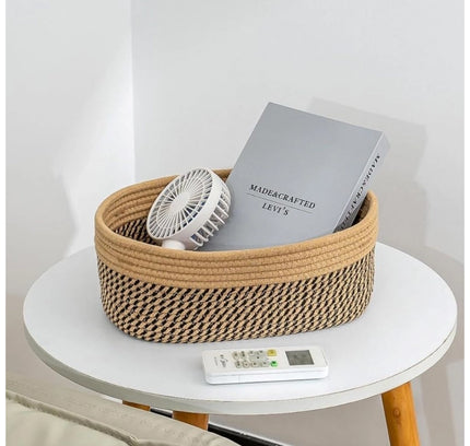 Cotton Oval Storage Rope Woven Baskets Pack of 1 (Beige Black)