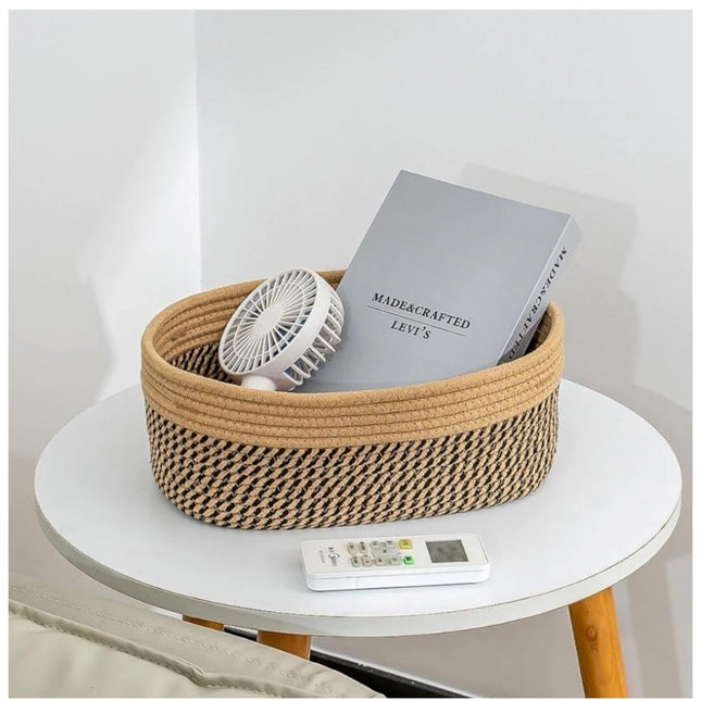 Cotton Oval Storage Rope Woven Baskets Pack of 1 (Beige Black)