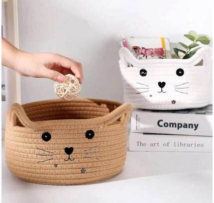 Cotton Small Cat With Face Basket Pack of 1 (Beige)