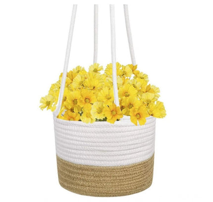Cotton Hanging Planter Flower Basket Pack of 1 (Beige White)