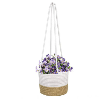 Cotton Hanging Planter Flower Basket Pack of 1 (Beige White)