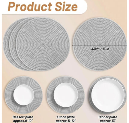 Cotton Dining Table Round Placemat Mats Set of 4 (Grey)