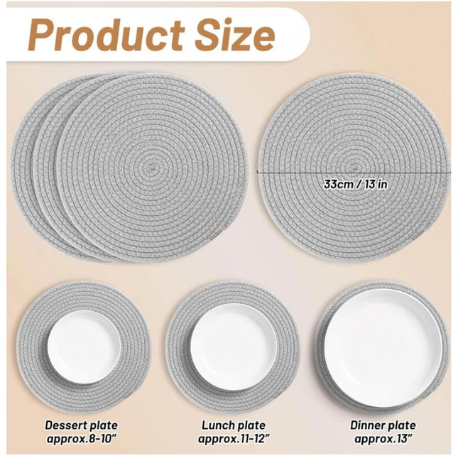Cotton Dining Table Round Placemat Mats Set of 4 (Grey)