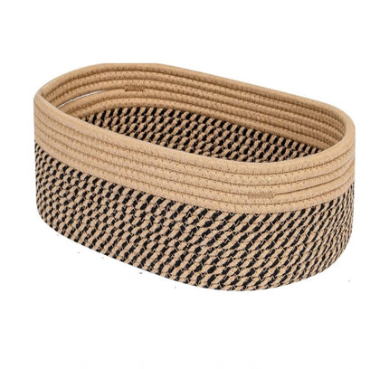 Cotton Oval Storage Rope Woven Baskets Pack of 1 (Beige Black)