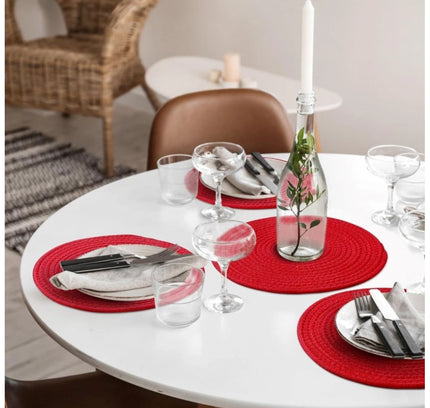 Cotton Dining Table Round Placemat Mats Set of 4 (Red)
