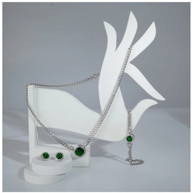 Women's Stainless Steel Green Color Silver Chain Western Combo Jewelry (Silver Plated)