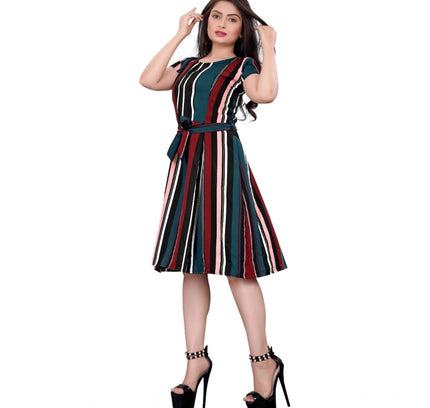Women's Crep Striped Short Sleeve Dress (Red-Blue )