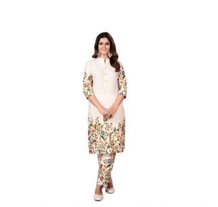 Women's Cotton Printed 3/4th Sleeve Kurti With Pant (Cream )