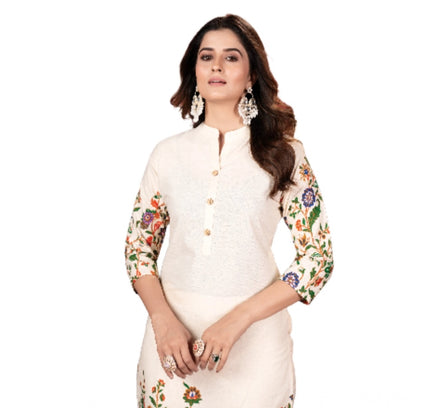 Women's Cotton Printed 3/4th Sleeve Kurti With Pant (Cream )