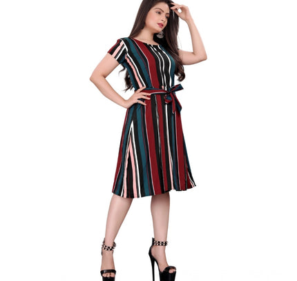 Women's Crep Striped Short Sleeve Dress (Red-Blue )