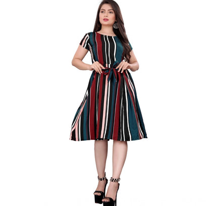 Women's Crep Striped Short Sleeve Dress (Red-Blue )