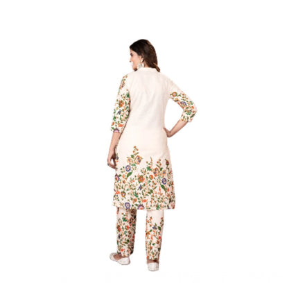 Women's Cotton Printed 3/4th Sleeve Kurti With Pant (Cream )