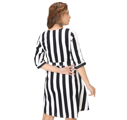 Women's Crep Striped Short Sleeve Dress (Black-White )