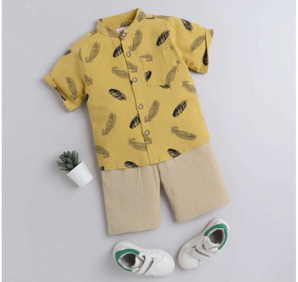 Boy's Cotton Blend Printed Short Sleeve Shirt and Shorts Set (Yellow)