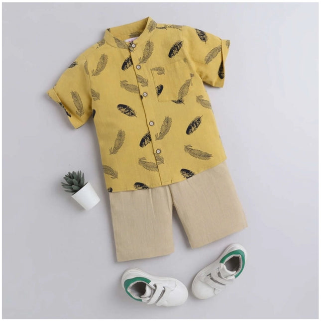 Boy's Cotton Blend Printed Short Sleeve Shirt and Shorts Set (Yellow)