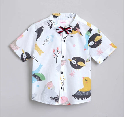 Boy's Cotton Blend Printed Short Sleeve Shirt and Shorts Set (White)