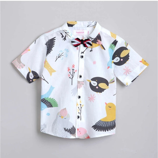 Boy's Cotton Blend Printed Short Sleeve Shirt and Shorts Set (White)