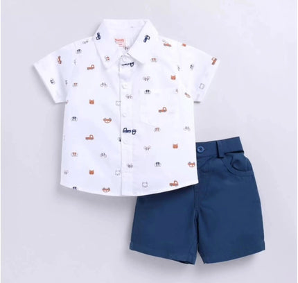 Boy's Cotton Blend Printed Short Sleeve Shirt and Shorts Set (White)