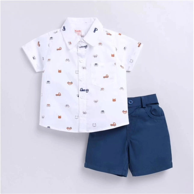 Boy's Cotton Blend Printed Short Sleeve Shirt and Shorts Set (White)