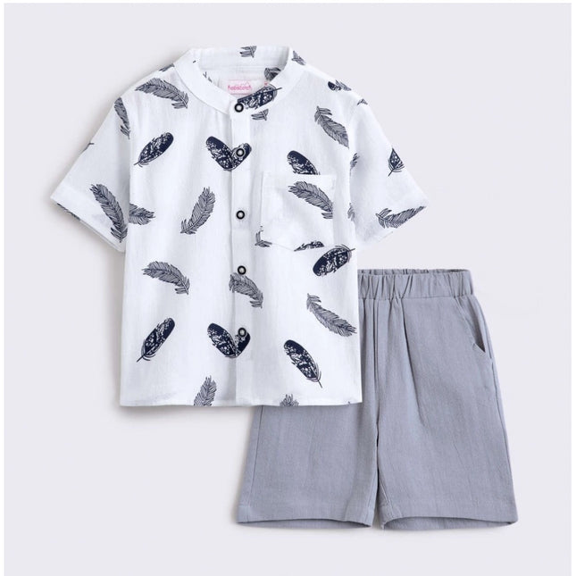 Boy's Cotton Blend Printed Short Sleeve Shirt and Shorts Set (White)