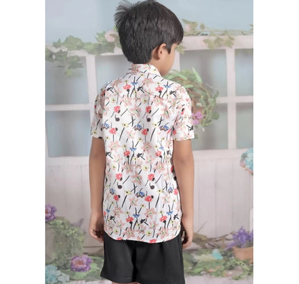 Boy's Cotton Blend Printed Short Sleeve Shirt and Shorts Set (White)