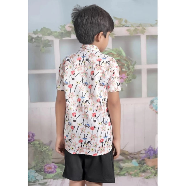 Boy's Cotton Blend Printed Short Sleeve Shirt and Shorts Set (White)