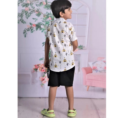 Boy's Cotton Blend Printed Short Sleeve Shirt and Shorts Set (White)