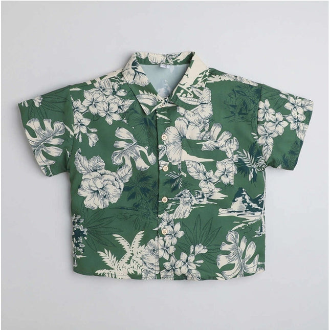 Boy's Cotton Blend Printed Short Sleeve Shirt (Green)