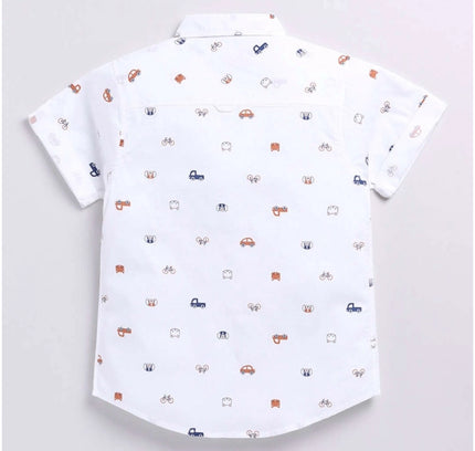 Boy's Cotton Blend Printed Short Sleeve Shirt (White)
