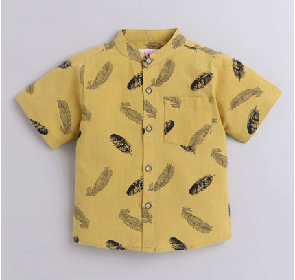 Boy's Cotton Blend Printed Short Sleeve Shirt and Shorts Set (Yellow)