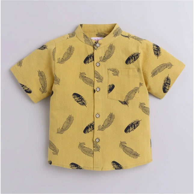Boy's Cotton Blend Printed Short Sleeve Shirt and Shorts Set (Yellow)