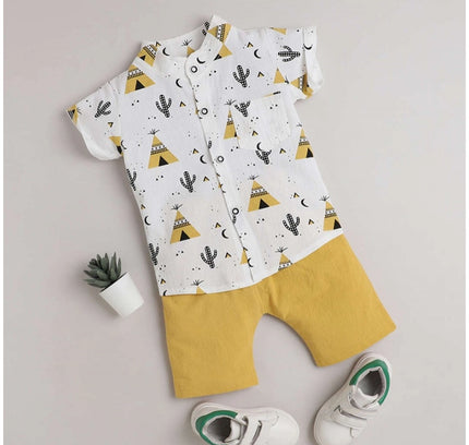 Boy's Cotton Blend Printed Short Sleeve Shirt and Shorts Set (White)