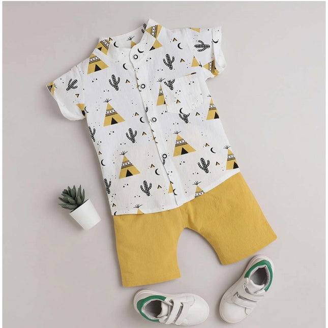 Boy's Cotton Blend Printed Short Sleeve Shirt and Shorts Set (White)