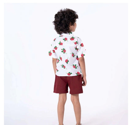 Boy's Cotton Blend Printed Short Sleeve Shirt and Shorts Set (White)