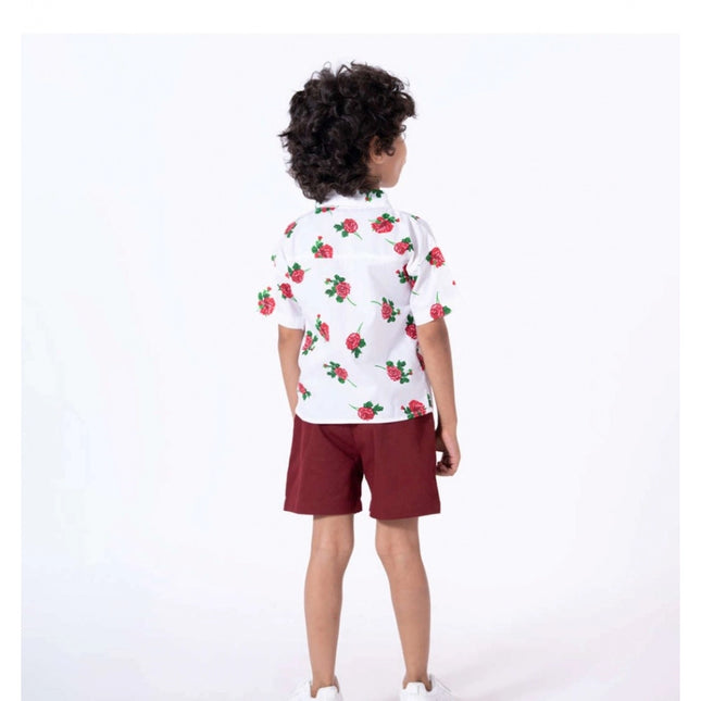 Boy's Cotton Blend Printed Short Sleeve Shirt and Shorts Set (White)