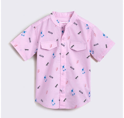 Boy's Cotton Blend Printed Short Sleeve Shirt and Shorts Set (Pink)