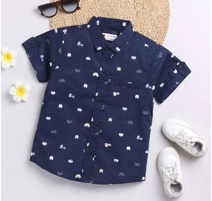 Boy's Cotton Blend Printed Short Sleeve Shirt and Shorts Set (Navy Blue)