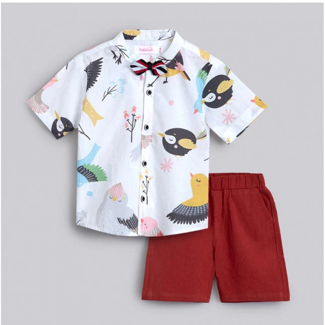 Boy's Cotton Blend Printed Short Sleeve Shirt and Shorts Set (White)