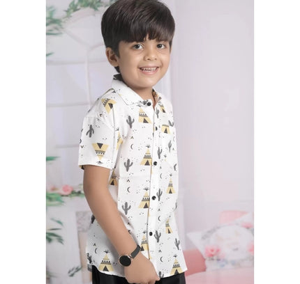 Boy's Cotton Blend Printed Short Sleeve Shirt and Shorts Set (White)