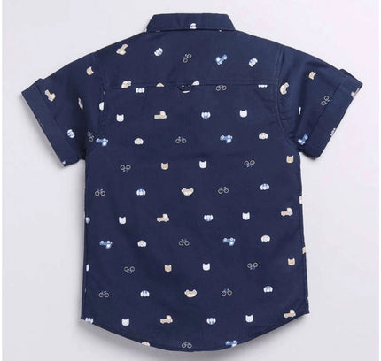 Boy's Cotton Blend Printed Short Sleeve Shirt (Navy Blue)