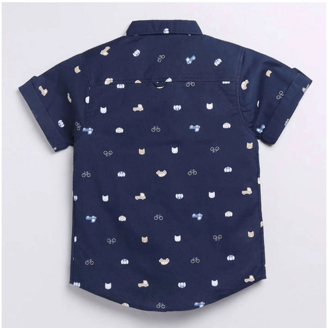 Boy's Cotton Blend Printed Short Sleeve Shirt (Navy Blue)