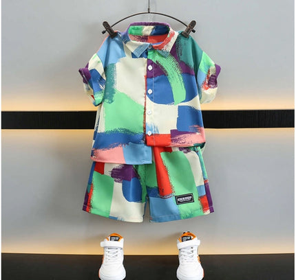 Boy's Lycra Blend Printed Short Sleeve Shirt and Shorts Set (MultiColor)