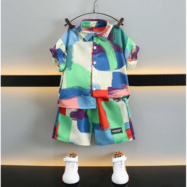 Boy's Lycra Blend Printed Short Sleeve Shirt and Shorts Set (MultiColor)