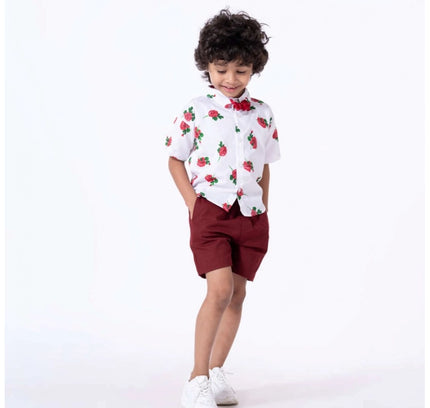 Boy's Cotton Blend Printed Short Sleeve Shirt and Shorts Set (White)